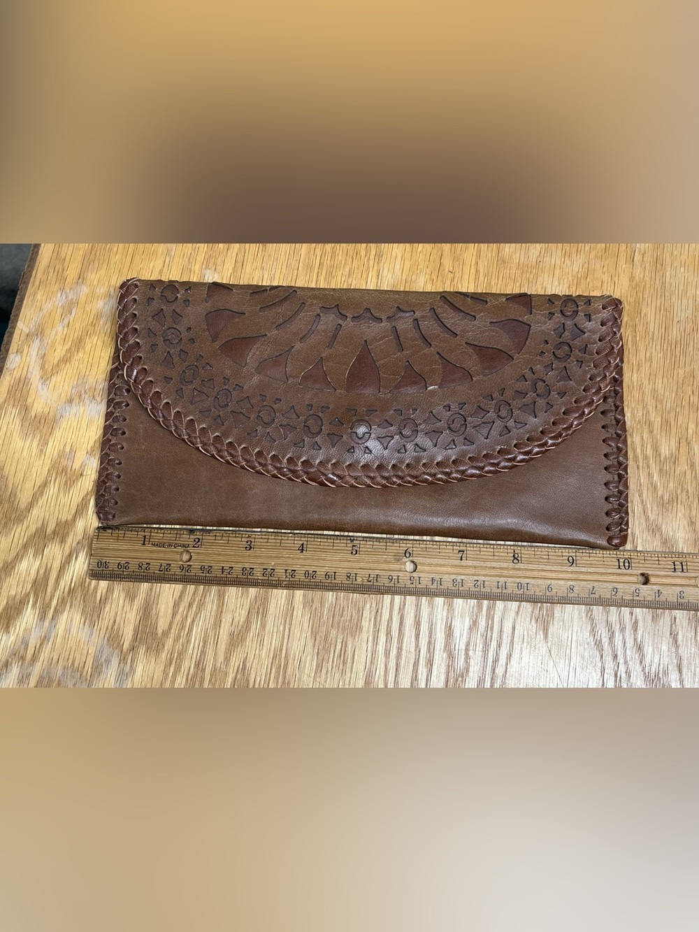 Ginger Brown Hand Tooled Leather Envelope Clutch Bag Whipstitch Western Boho